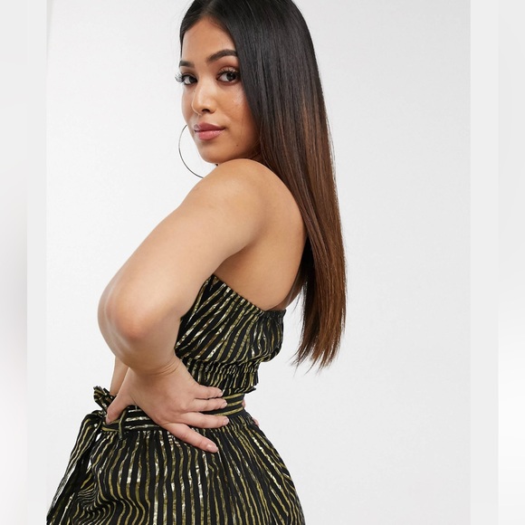 ASOS Petite Gold Metallic Stripe Bandeau Tube Top with Paper-bag High Waist Pant - Picture 8 of 15